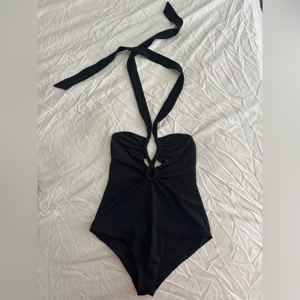 Mara Hoffman Black Aya Halter Plunge Swimsuit